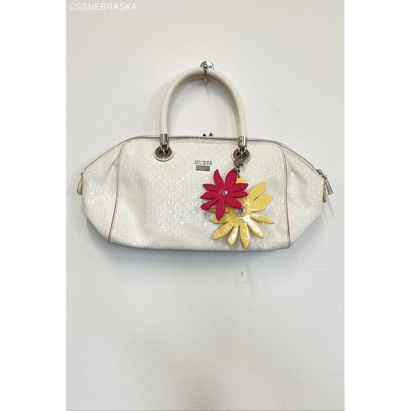 Gently Used Guess Off-White Logo Handbag with Sling‎ Strap and Flower Accents - Picture 1 of 12